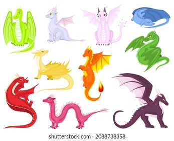 Fairy dragons. Funny fairytale dragon, cute magic lizard with wings and baby fire breathing serpent. Vector cartoon illustration of fire breathing monsters from medieval mythology