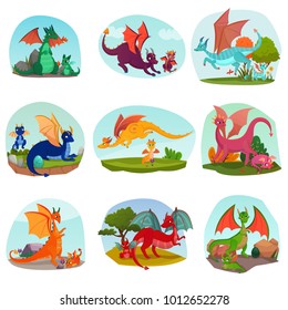 Fairy dragons kids set of isolated compositions with parent dragons and kids with wings and horns vector illustration