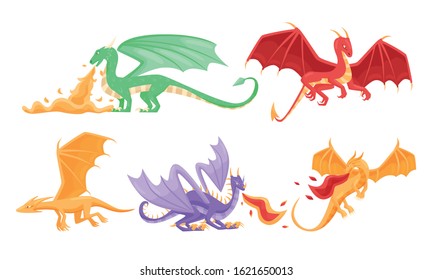 Fairy Dragons with Open Wings Shooting out Flames Vector Set