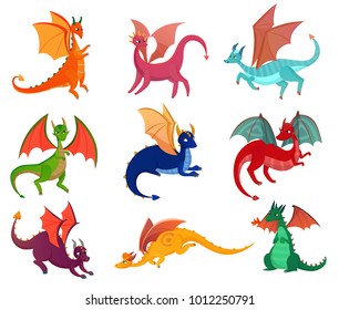 Fairy dragons set of flat isolated images of colourful wyverns with horning on blank background vector illustration