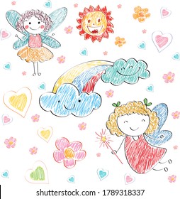 fairy drawing stylized icons colorful handdrawn sketch