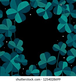 Fairy and elegant clover frame. Saint Patrick Day background. Vector illustration for luck spring or summer design with shamrock
