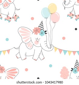 fairy elephant roller-skating with balloons and cotton candy, kids  pattern, Happy Birthday graphic