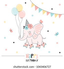 fairy elephant roller-skating with balloons, Happy Birthday card