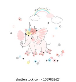 fairy elephant roller-skating under the rainbow, fairy illustration for kids, tee shirt graphic