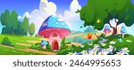 Fairy elf or animal tiny house made from mushroom on meadow with green grass, daisy flowers and butterflies in forest. Cartoon vector summer day landscape with fantasy fungus home with door and window