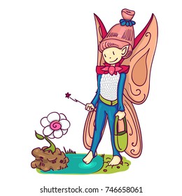 Fairy elf boy with a wand looking to grab a flower vector illustration. Cute cartoon hand drawn style, colorful character concept design isolated on white. Little fantasy creature art.