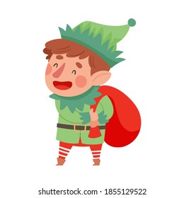 Fairy Elf in Green Hat and Red Stocking Carrying Sack with Gifts Vector Illustration
