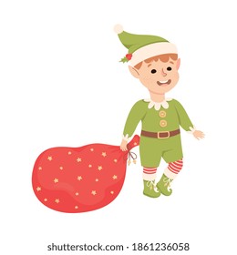 Fairy Elf in Green Hat and Red Stocking Carrying Sack with Gifts Vector Illustration