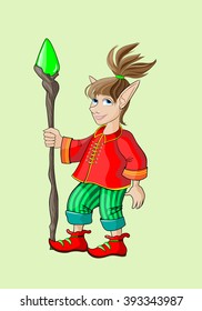 Fairy elf in a red shirt with a stick