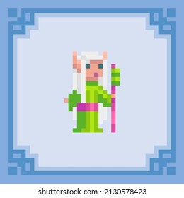 Fairy elf with a staff. Pixel art character. Vector illustration in 8 bit style