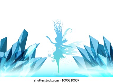 Fairy fantasy and butterfly flying, ice queen among crystal concept abstract background vector illustration