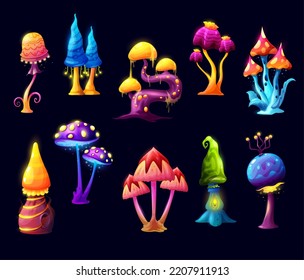 Fairy fantasy cartoon mushrooms or luminous toadstools of witch forest. Fairy ale magic mushrooms with blue neon, yellow and green caps with sparkling toxic spores and glowing light. Vector game asset