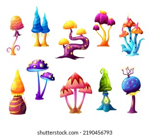 Fairy fantasy cartoon mushrooms, vector magic fungi of unusual shapes with bizarre stipes and odd caps. Natural elements for fairytale or computer game interface. Beautiful strange alien plants set