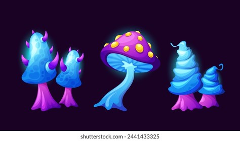 Fairy Fantasy Cartoon Mushrooms, Vector Magic Fungi, Beautiful Strange Alien Planet Plants Of Unusual Shapes