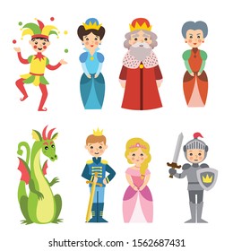 Fairy fantasy clip art characters set. Magic world of king and queen, prince and princes, knight and dragon, and evil stepmother and jester.Isolated cute cartoon vector illustrations.