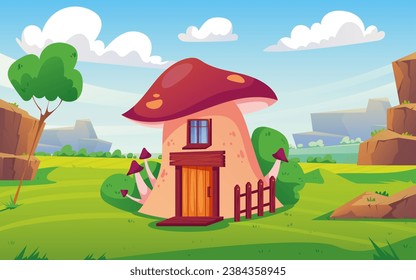 Fairy fantasy magic forest house standing on meadow concept. Vector flat graphic design illustration 
