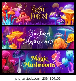 Fairy in fantasy magic mushroom forest. Vector banners with fairytale fairy girl elf cartoon characters with magical wands and wings, neon glowing mushroom and fungi plants, shining sparks and lights