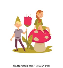 Fairy fantasy pixies boy and girl cartoon characters flat vector illustration isolated on white background. Fairy tale elves or forest fairies creatures.