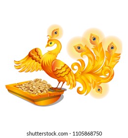 Fairy fire bird and feeder with grains isolated on white background. Vector cartoon close-up illustration.