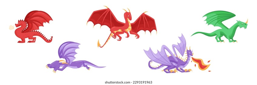 Fairy Fire Breathing Dragon with Wings and Long Tail Vector Set