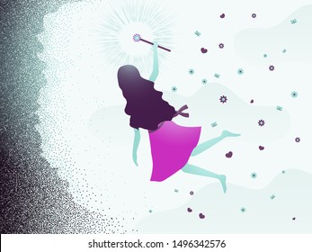 A fairy fairy flies through the sky carrying with it light casting out darkness. Vector illustration.