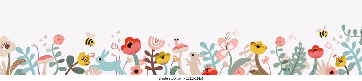 Fairy floral spring horizontal banner. Bee, flowers, plants, cute rabbits and bunnies in pastel colors. Modern minimalist poster, greeting card, header for website	
