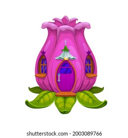 Fairy flower bud house or dwelling of elf enchantress, vector gnome home. cartoon pink blossom building with wooden door, windows and lantern above entrance. Fantasy fairytale house on green leaves