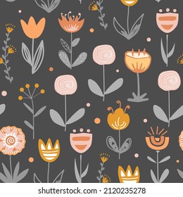 Fairy flower field on dark, seamless vector pattern. Scandinavian folk doodle style. Meadow background for fabric, cards, wallpaper, home decor.