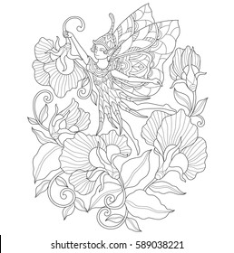 Fairy in the Flower Garden. Zentangle stylized cartoon isolated on white background. 
Hand drawn sketch illustration for adult coloring book, T-shirt emblem, logo or tattoo, zentangle design elements.