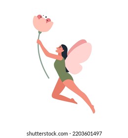 Fairy with a flower in her hands. Mythical fairy tale character. Flat vector illustration.