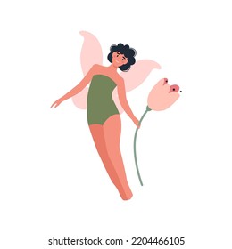 Fairy with a flower in her hands. Mythical fairy tale character. Flat vector illustration.