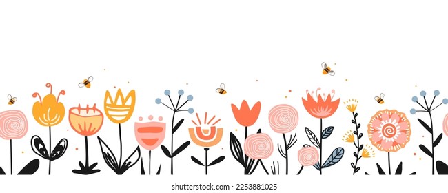 Mehlblumen grenzen im skandinavischen Folkloretil, nahtlose Vektormuster. Wiederholung von doodle floralen Hintergrund mit Honigbienen. Design für Gewebe, Karten, Tapeten, Wohnungsdekor, Handverpackung