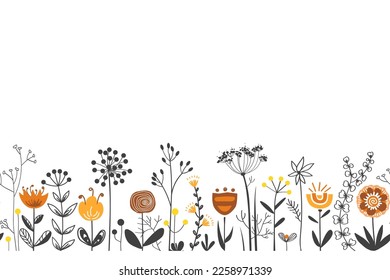 Fairy flowers border in Scandinavian folk style, seamless vector pattern. Repeating doodle grass meadow background. Design for fabric, cards, wallpaper, home decor, craft packaging