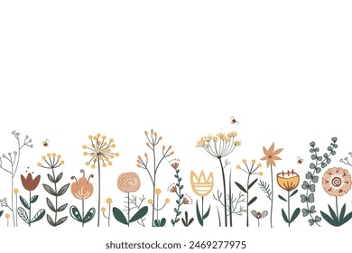 Fairy flowers border, seamless vector pattern. Repeating doodle flower meadow background. Scandinavian folk style. Vector for fabric, cards, wallpaper