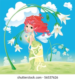 Fairy with flowers. Cartoon and vector illustration.