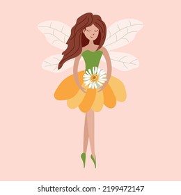 Fairy of flowers with a daisy on a pink background. A fairy-tale character. Vector illustration in hand-drawn style for decoration, postcards