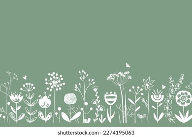 Fairy flowers and herbs silhouettes border in Scandinavian style, seamless vector pattern. Doodle flower meadow background. Design for cards, wallpaper, home decor, craft packaging