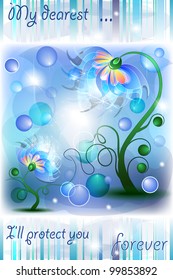 Fairy flowers in protection attitude with text and shining
