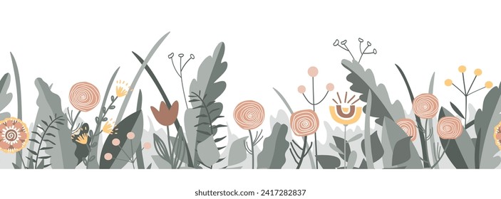 Fairy flowers seamless border in Scandinavian folk style, vector pattern. Doodle flower meadow vector background. Design for cards, wallpaper, craft packaging