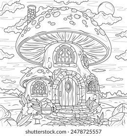 Fairy Fly Agaric House.Coloring book antistress for children and adults. Illustration isolated on white background. Hand draw