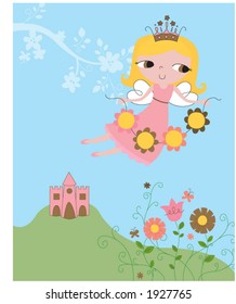 fairy flying above castle holding flowers.