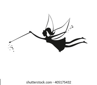 Fairy flying. Fairy black silhouette with a magic wand. Vector illustration of Fairy with a magic wand isolated on white background. Stencil fairy. Black Pretty fairy with a magic. wand