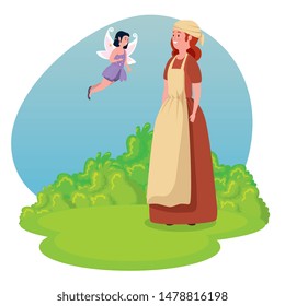 fairy flying and girl medieval peasant with bushes plants
