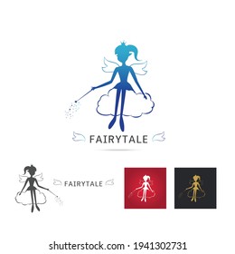 Fairy flying logo vector icon cartoon style. Elegant Fairy silhouette holding a magic wand with magic 
sparkle Sitting on the cloud. Vector illustration of Fairy with a magic wand isolated on white ba