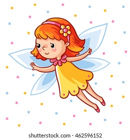 Fairy flying on the wings against the backdrop colored peas. Vector illustration of a girl made in cartoon style.