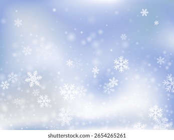 Fada voando composição flocos de neve. Formas congeladas de Winter fleck. Projeto azul branco céu neve. Flocos de neve em espiral em dezembro. Neve natureza paisagem.