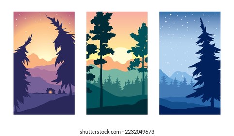 Bosque de hadas. Paisaje abstracto con montañas, cañones y pinos. Tres ilustraciones vectoriales.	