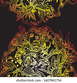 Fairy forest. Amanita mushrooms. Animals and trees. Bright, psychedelic pattern. Hand drawn sketch. Clear outline.