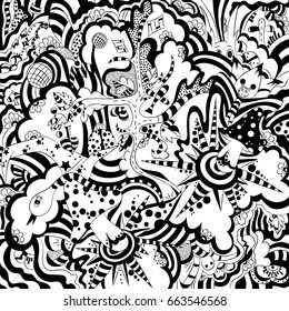 Fairy forest. Amanita mushrooms. Animals and trees. Black and white, psychedelic drawing. Freehand sketch. Clear outline. Cartoon illustration.